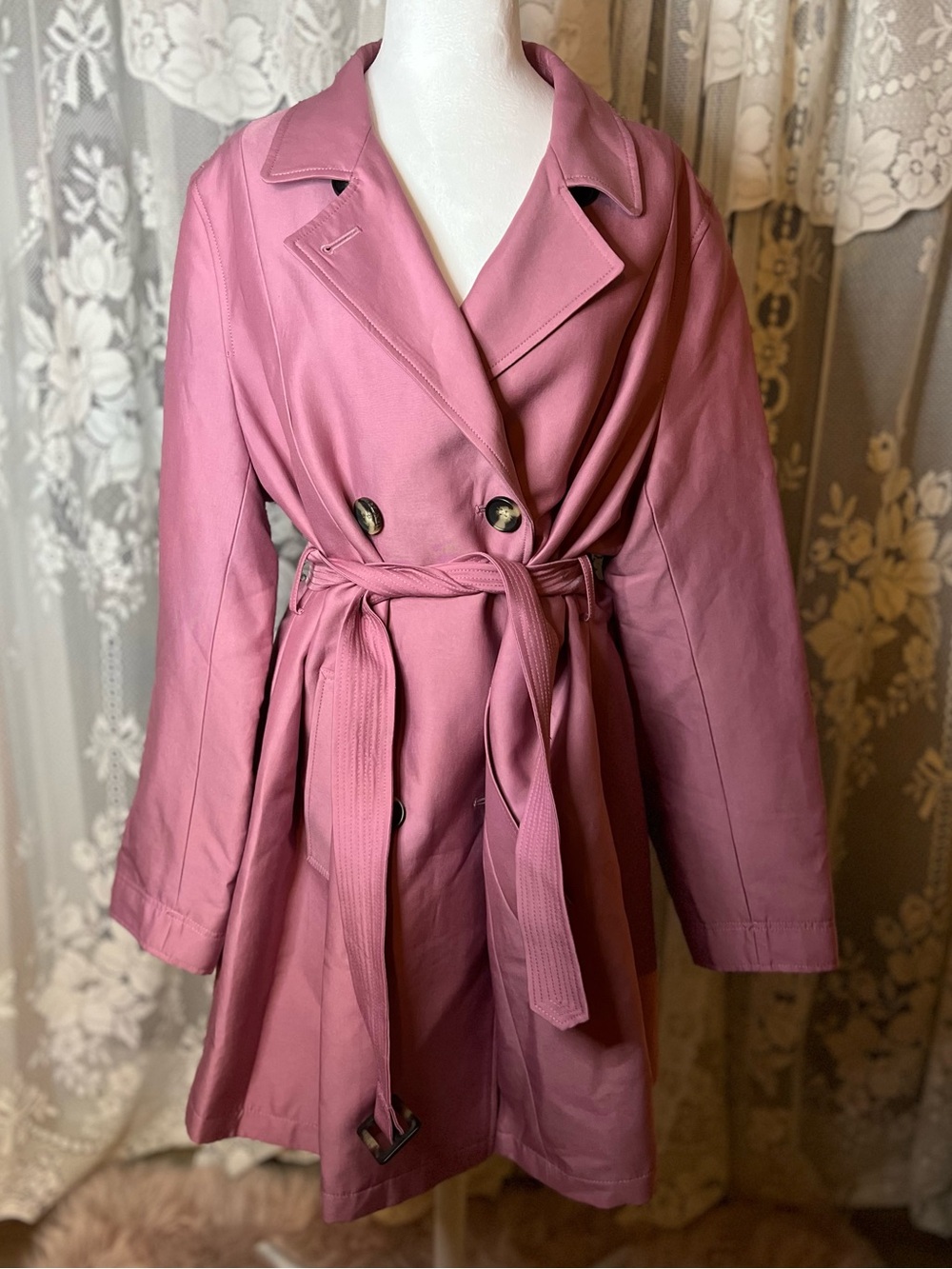 Reitmans Pink Purple Double-Breasted Trench Coat with Tie Belt Plus Size